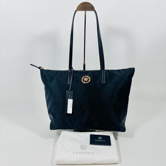VERSACE La Medusa Nylon Leather Straps Black Tote Shoulder Bag NWT $1,290 - Picture 1 of 10